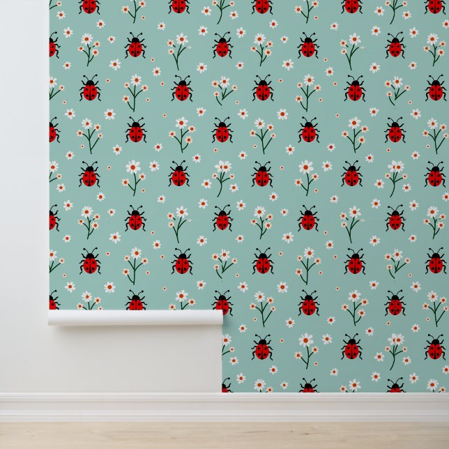 Cute Ladybugs and Daisies Pattern on Mint Green Wallpaper (Application)