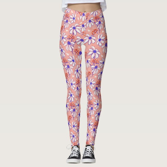 Cute Ladybugs and Daisies pink and blue Leggings (Front)