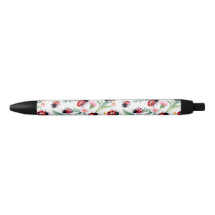 Cute ladybugs and flowers pattern white black ink pen