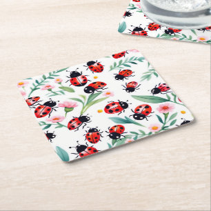 Cute ladybugs and flowers pattern white square paper coaster