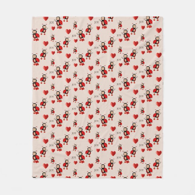Cute Ladybugs, Hearts and Joy Text on Light Beige Fleece Blanket (Front)