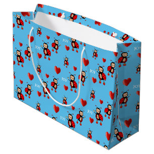Cute Ladybugs, Hearts and Joy Text on Light Blue Large Gift Bag
