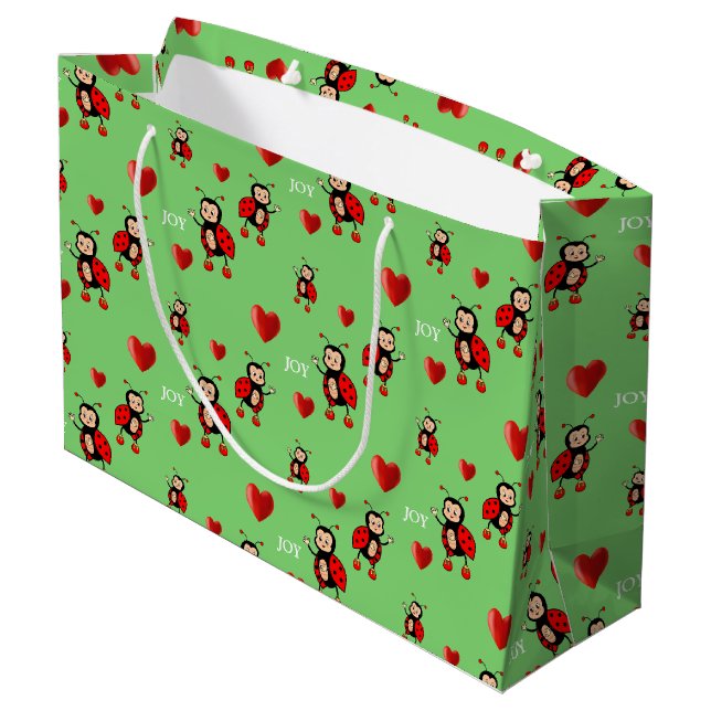 Cute Ladybugs, Hearts and Joy Text on Light Green Large Gift Bag (Back Angled)