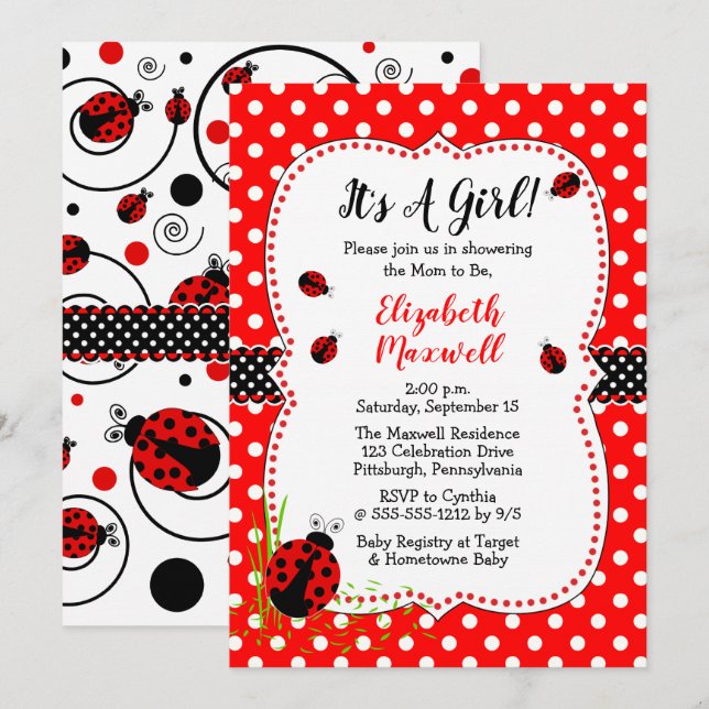 Cute Ladybugs It's A Girl Baby Shower Invitation (Front/Back)
