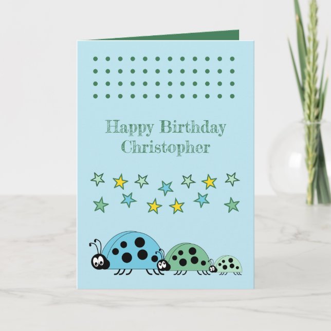 Cute ladybugs name stars blue kids birthday card (Front)