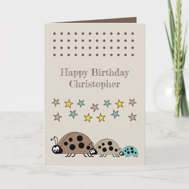 Cute ladybugs name stars brown kids birthday card (Front)