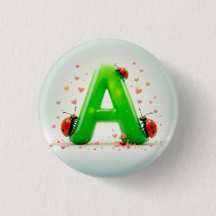 Cute Ladybugs on Green Alphabet Letter A 3 Cm Round Badge