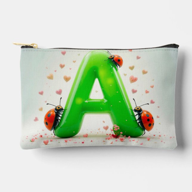 Cute Ladybugs on Green Alphabet Letter A Accessory Pouch (Front)