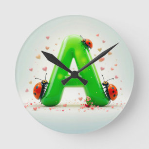 Cute Ladybugs on Green Alphabet Letter A Round Clock