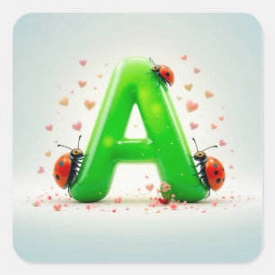 Cute Ladybugs on Green Alphabet Letter A Square Sticker