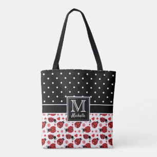 Cute Ladybugs Polka Dot Monogram Tote Bag