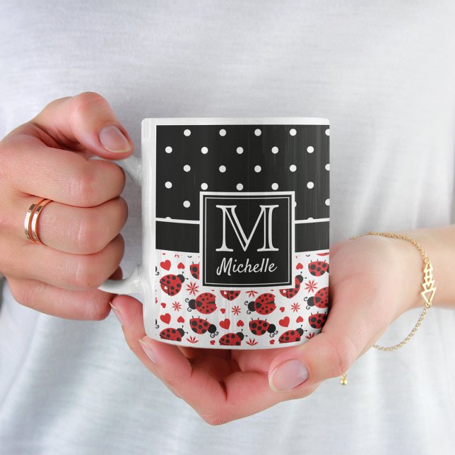 Cute Ladybugs Polka Dot Monogram Two-Tone Coffee Mug (Creator Uploaded)