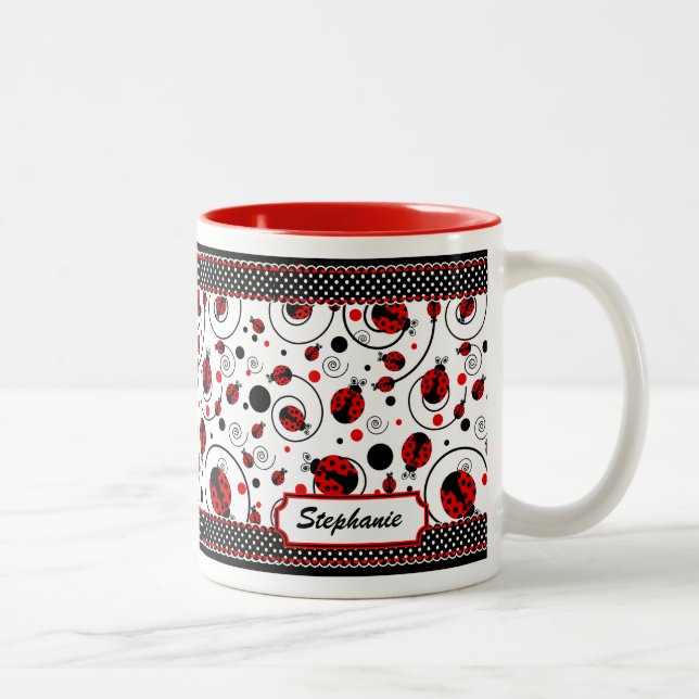 Cute Ladybugs Polka Dots and Swirls Name  Coffee M Two-Tone Coffee Mug (Right)