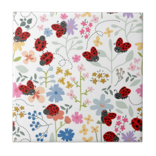 Cute Ladybugs Whimsical Floral Girl Seamless Tile