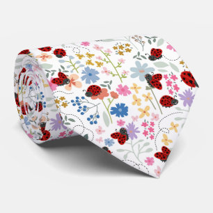 Cute Ladybugs Wildflowers Whimsical Floral Tie