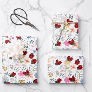 Cute Ladybugs Wildflowers Whimsical Floral Wrapping Paper Sheet