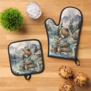 Cute lake house fishing cabin kitchen bear oven mitt & pot holder set