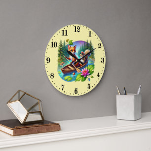 Cute lake house mixed animal fox squirrel large clock