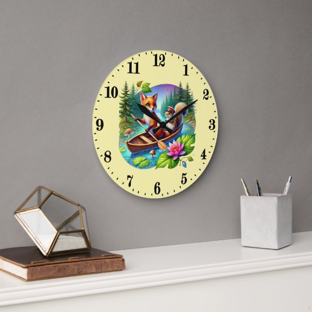 Cute lake house mixed animal fox squirrel large clock (Office)