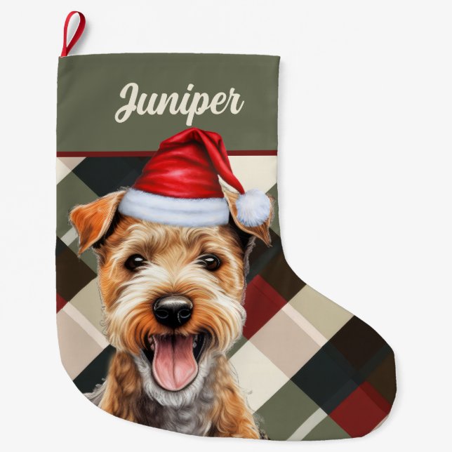 Cute Lakeland Terrier Holiday Plaid Custom Large Large Christmas Stocking (Front)