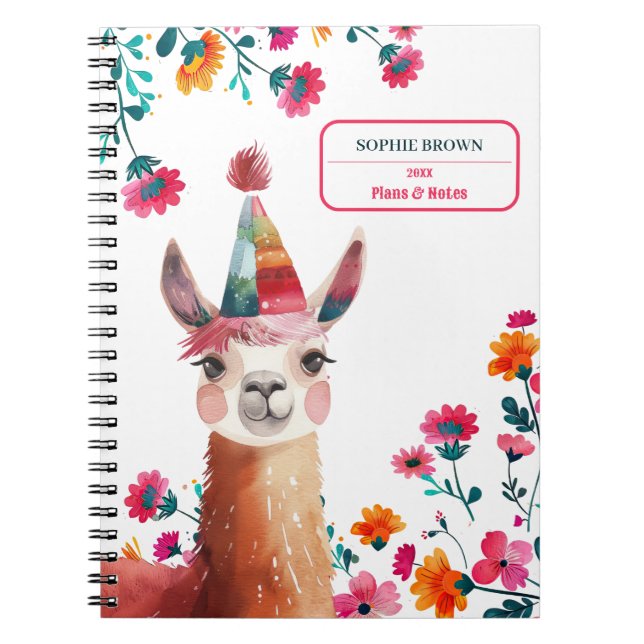 Cute Lama Pink Floral Custom Name  Notebook (Front)
