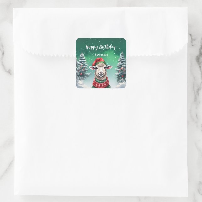 Cute Lama sheep Christmas tree birthday girl party Square Sticker (Bag)