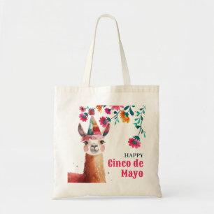 Cute Lama with Fuchsia Flowers Happy Cinco de Mayo Tote Bag