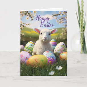 Cute Lamb and Easter Eggs Holiday Card