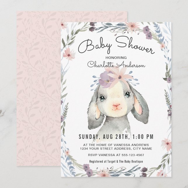 Cute Lamb and Flowers Baby Shower Invitation (Front/Back)