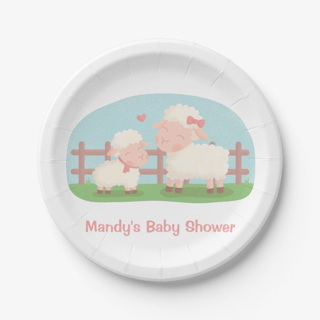 Cute Lamb and Mummy Farm Baby Shower Supplies Paper Plate (Front)