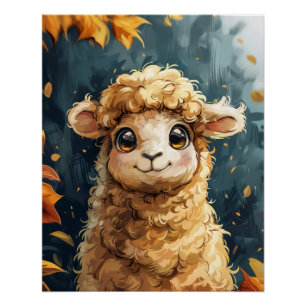 Cute Lamb Autumn Leaves Illustration Poster