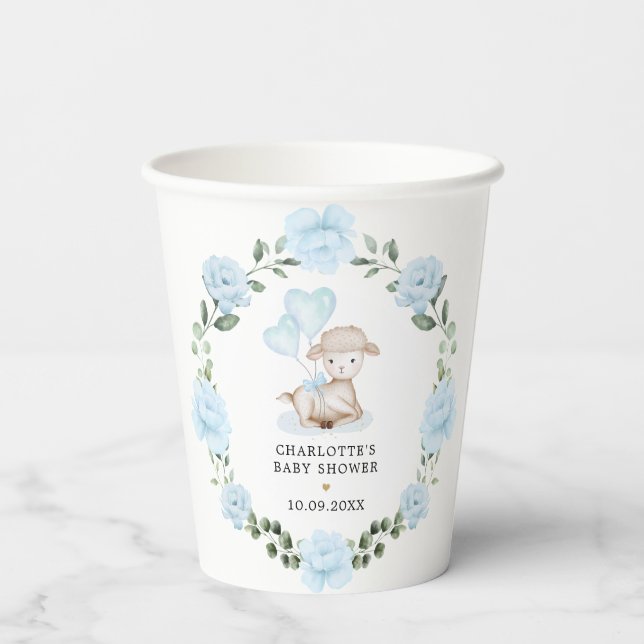 Cute Lamb Baby Sheep Blue Floral Greenery Wreath Paper Cups (Back)
