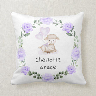 Cute Lamb Baby Sheep Purple Floral Greenery Wreath Cushion