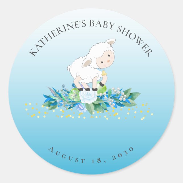Cute Lamb Blue Floral Boy Baby Shower   Classic Round Sticker (Front)