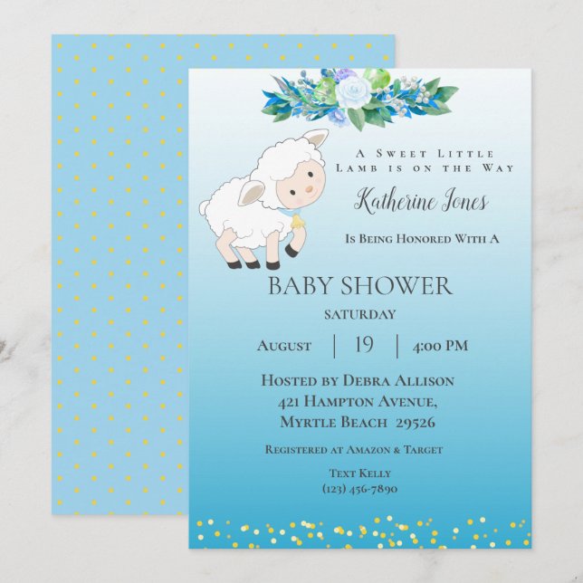 Cute Lamb Blue Floral Boy Baby Shower Invitation (Front/Back)