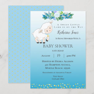 Cute Lamb Blue Floral Boy Baby Shower Invitation