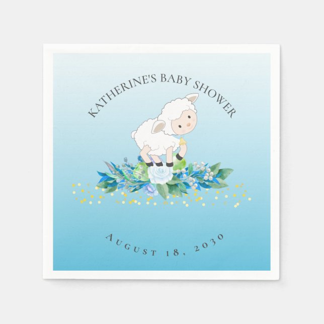 Cute Lamb Blue Floral Boy Baby Shower  Napkin (Front)
