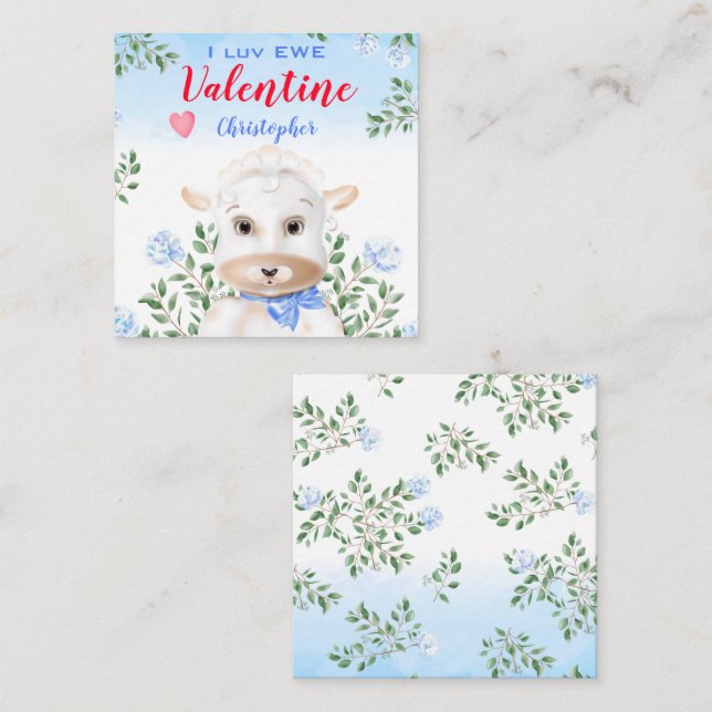 Cute Lamb Blue Floral Kids Classroom Valentine Card (Front/Back)