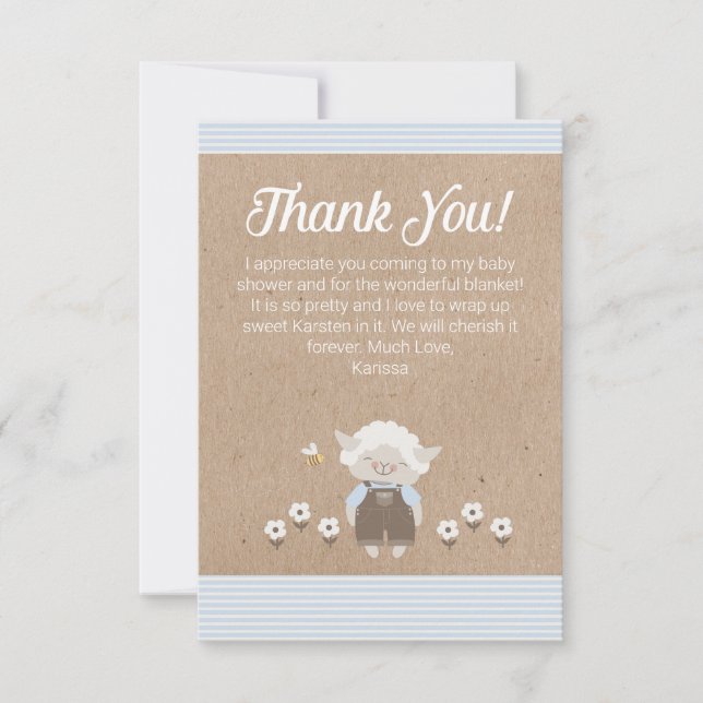 Cute Lamb Blue Kraft Baby Boy Shower Thank You Card (Front)