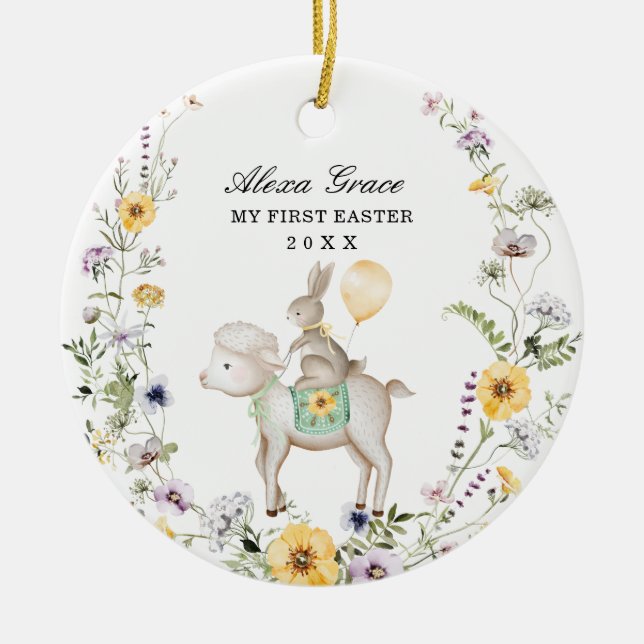 Cute Lamb Bunny Wildflower Baby First 1st Easter Ceramic Tree Decoration (Front)