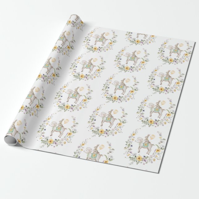Cute Lamb Bunny Wildflower Baby Rabbit Easter Wrapping Paper (Unrolled)