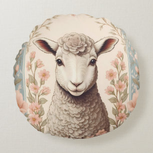 Cute Lamb Delicate Pastel Floral Round Cushion