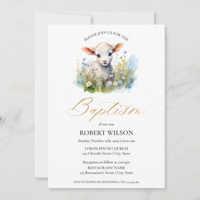 Cute Lamb Gender Neutral Flora Christening Baptism Invitation (Front)