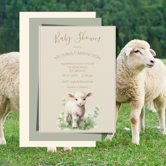 Cute Lamb Greenery Neutral Baby Shower Invitation (Creator Uploaded)