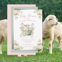 Cute Lamb in a Basket Floral Pink Baby Shower
