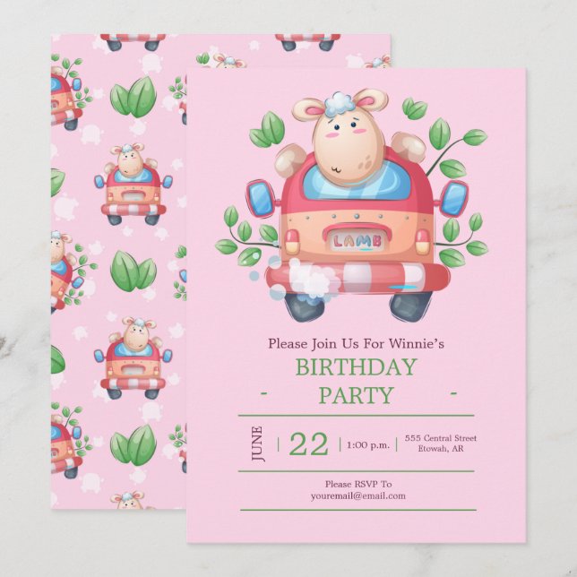 Cute Lamb In A Car Party Invitation (Front/Back)