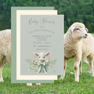 Cute Lamb in Basket with Flowers Baby Shower Invitation