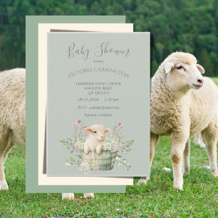 Cute Lamb in Basket with Flowers Baby Shower Invitation