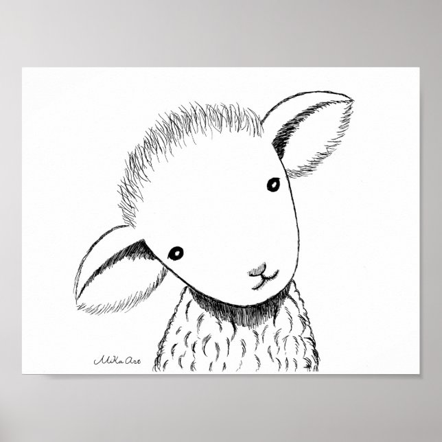 Cute lamb Nursery Decor Lamb Drawing Farm Animal (Front)