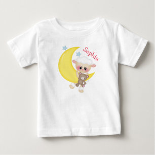 Cute Lamb on Crescent Moon with Monogram Baby T-Shirt